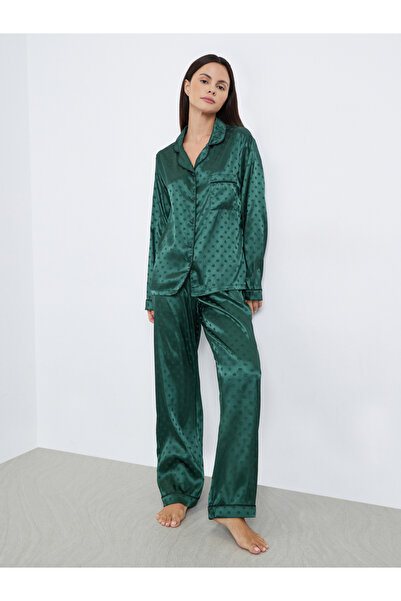 Styli Satin Polka Dot Jacquard Shirt and Straight Leg Pyjama Set