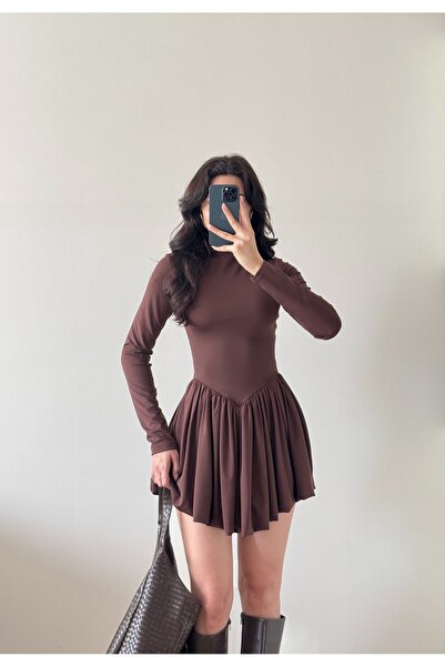 LOCH BUTİK Γυναικεία καφέ φούστα με πλισέ μακρυμάνικο φόρεμα μπαλόνι με κορδόνι