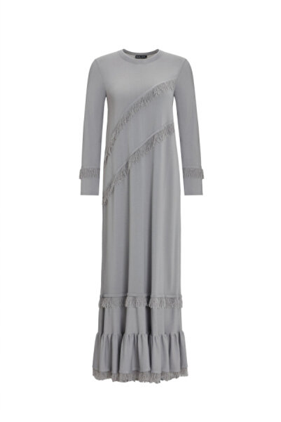 MISS DALIDA Püskül Detaylı Triko Uzun Gri Elbise