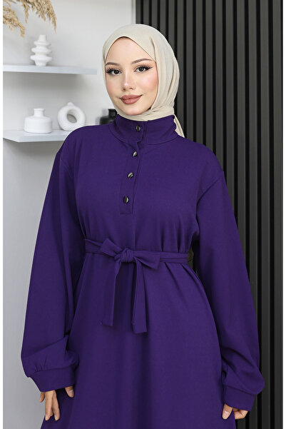 sefamerve Scuba fabric half buttoned belted dress 2167-02 purple