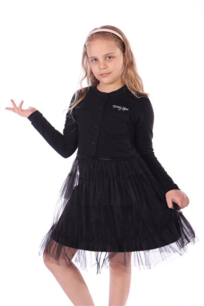 Toontoy Kız Çocuk Baskılı Relax Fit Hakim Yaka Düğmeli Uzun Kollu Tüllü Elbis...