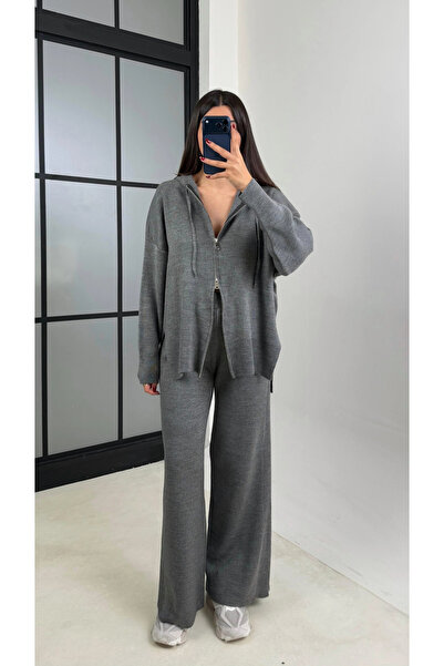 My Blog Anthracite Hooded Zippered Knitwear Set - 0511