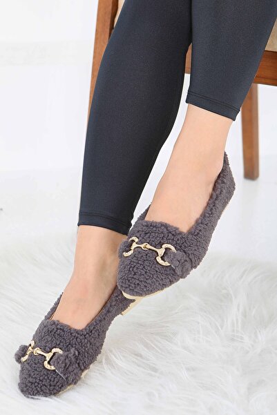TOFİSA Women's Anthracite Buckle Detailed Plush Ballerinas - 27913-Anthracite