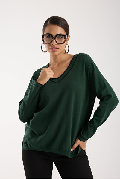 Moda Days Contrast Piped and Side Slit V-Neck Knitwear Blouse