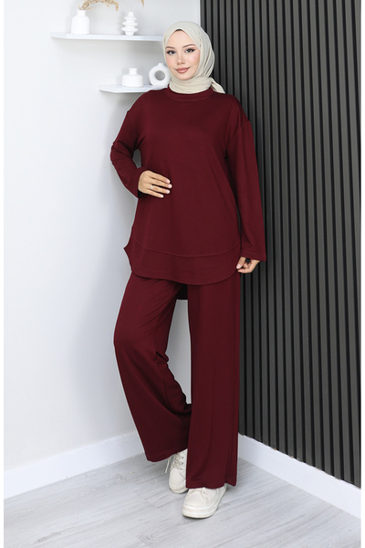 sefamerve Premium υφασμάτινο παντελόνι τουνίκ διπλό σετ 2164-03 Βουργουνδία