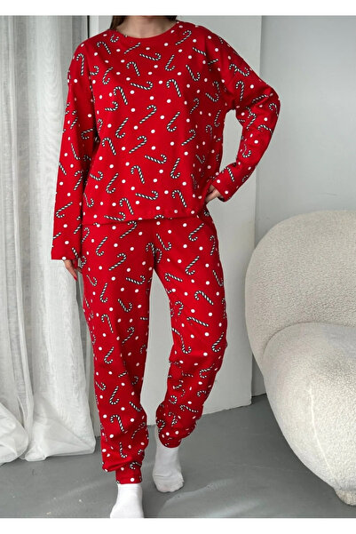 Genel Markalar Baston Şeker Desenli Pijama Takımı Kırmızı