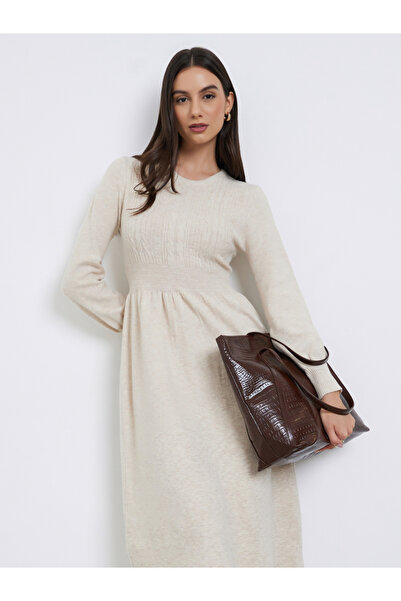 Take Two By Styli Beige Cable Knit Panel Sweater Midi Dress