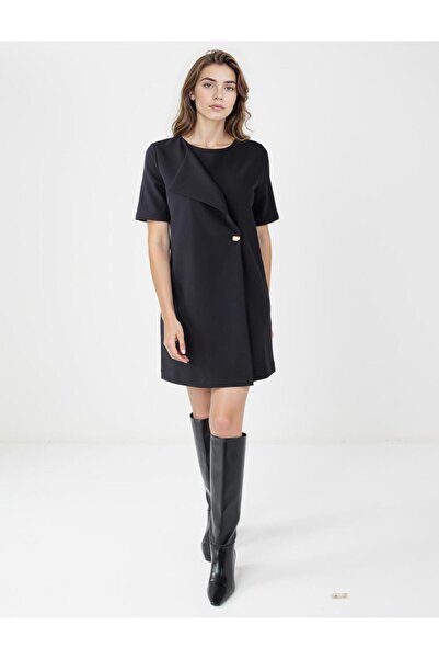 Jimmy Key Siyah Bisiklet Yaka Düğme Detaylı Dokuma Mini Elbise