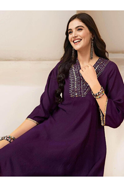 Ishin By Styli Purple Cotton Kurta with Pants Set