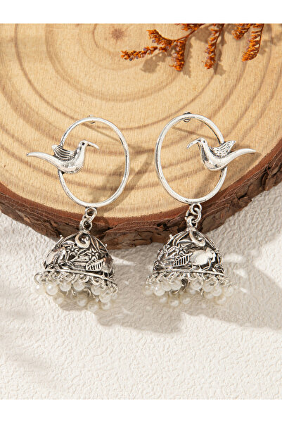 Take Two By Styli Silver Bird Decor Bell Shape Jhumka Earrings