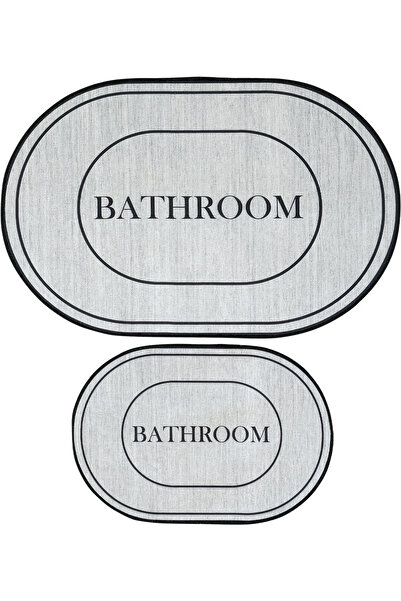 Sisal Halı Armasi Gray Oval Bath Mat Digital Printing Washable Non-Slip 2-Piece Bath Mat Set 40X60 60X100