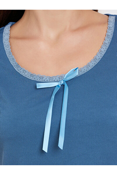 Styli Blue Ribbed Bow Lace Top and Pyjama Set
