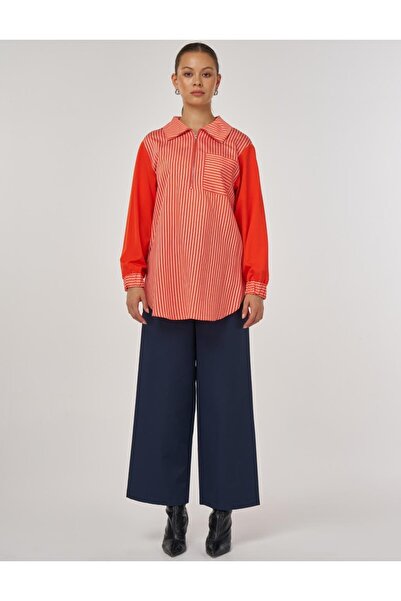 Kayra Fermuar Kapama Cepli Çizgi Desen Tunik - Mercan