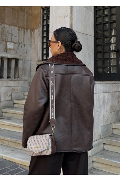 D'RECCY Women's Oversized Brown Shepherd's Jacket with Fur Inside