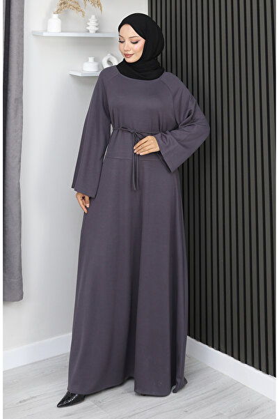 sefamerve Premium Fabric Belted Hijab Dress 2162-05 Anthracite