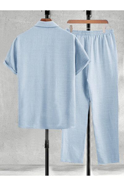 Take Two By Styli Men Light Blue Solid Shirt and Pants Co-ords