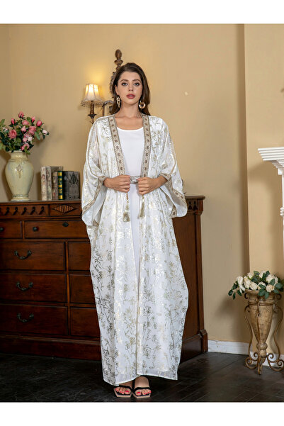 Take Two By Styli Foil Print Tassel Beaded Detail Kimono and Dress Modest Set