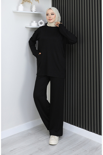 sefamerve Premium υφασμάτινο παντελόνι τουνίκ διπλό σετ 2163-01 Μαύρο