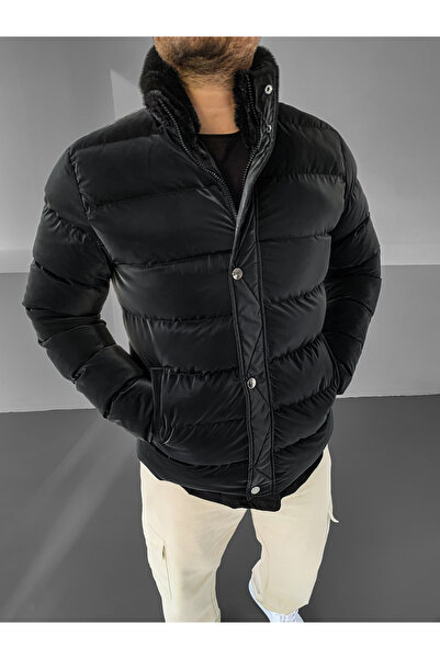 NO1 KONSEPT Μαύρο πουπουλένιο παλτό Premium Carbon με γούνινο γιακά