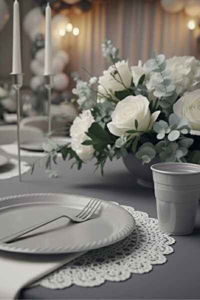 Happyline gri gümüş plastik bardak tabak çatal set bride organizasyon