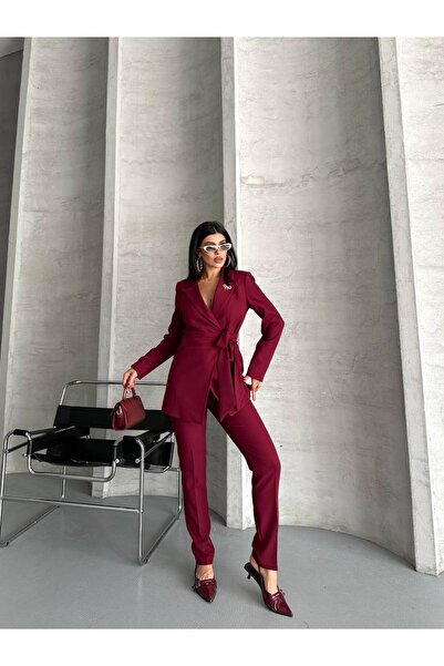 Bella Breeze Women's Brooch Detailed Tie-Up Jacket Pants Suit