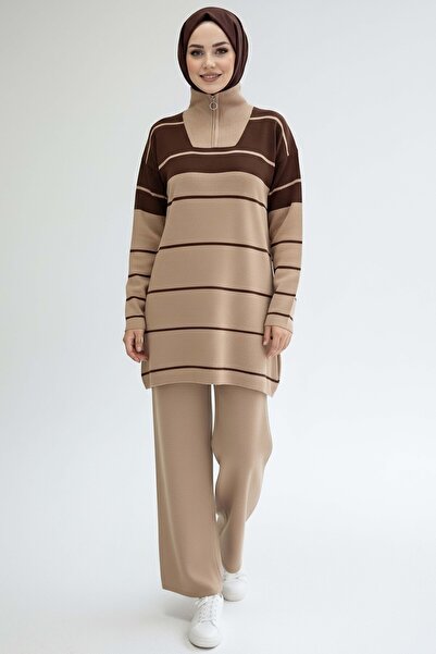 TOFİSA طقم تريكو مخطط بسحاب مينك - 27997-VIZON