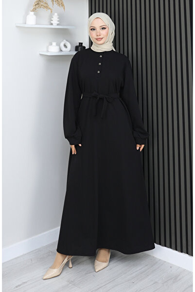 sefamerve Scuba Fabric Half Button Belted Dress 2167-05 Black