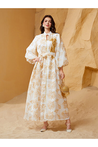 Take Two By Styli Embroidered Belted Detail Balloon Sleeves Jalabiya