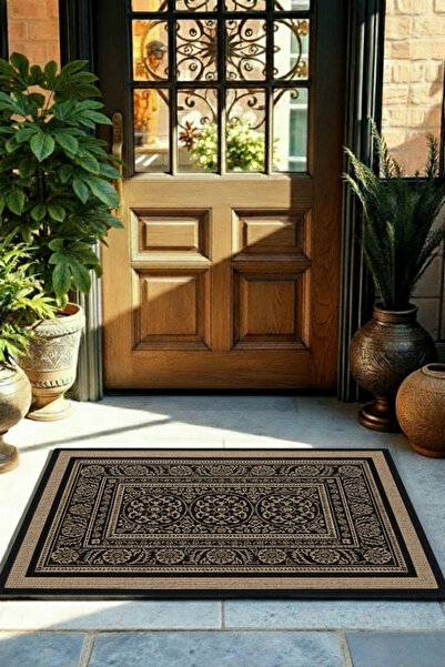 Etnik Dekor Digital Printing Doormat Black Stylish Patterned