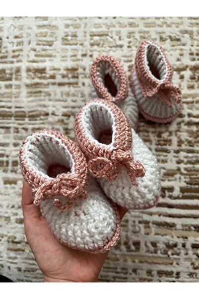 İpeksi El Örgüsü Beyaz Pembe Bebek Panduf Patik