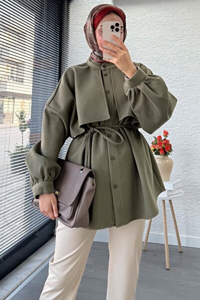 MELEK ARAZ Cape Detailed Front Buttoned Cashmere Shirt – Khaki