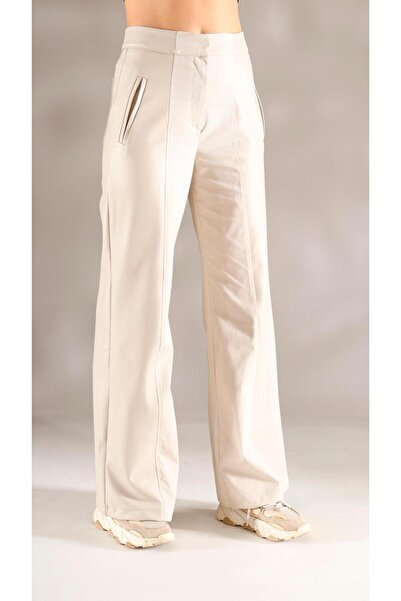 shE tekstil Italian Style Leather g Paneled Wide Leg Trousers Beige