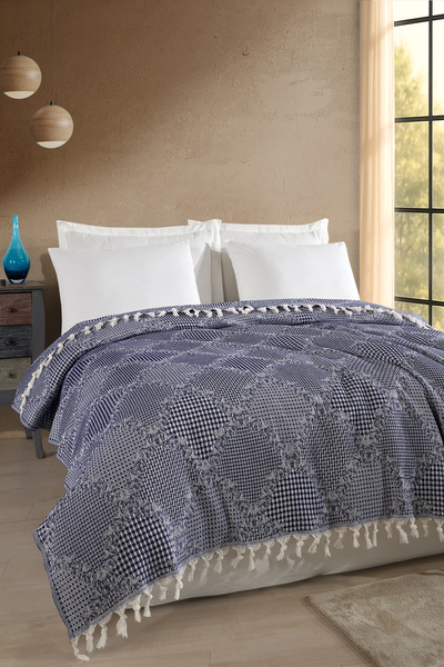 Enlora Home Çok Amaçlı Pike Örtü Çift Kişilik Dantel Lacivert