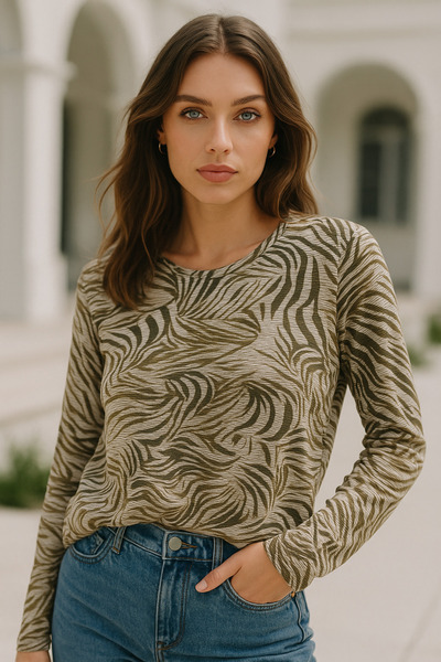 Rich Women's Khaki Wide Patterned Crew Neck Long Sleeve Blouse with Elastic Bottom