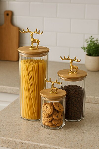 Comeket Altın Geyik ve Bambu Vakum Kapaklı Cam Kavanoz Seti (3'lü)