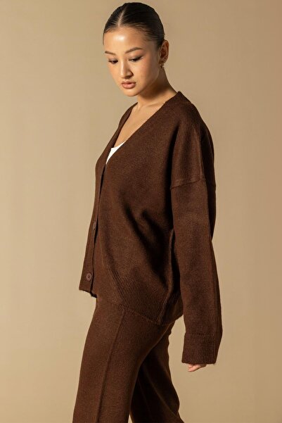 Olcay V-Neck Cardigan Pants Knitwear Set Brown 9368-Tk