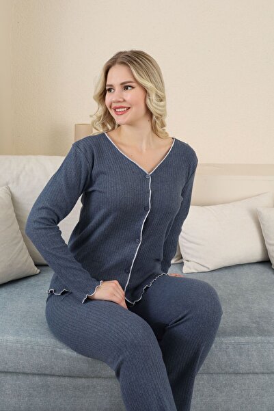 pijamacity KADIN V YAKA FİTİLLİ İNTERLOK PİJAMA TAKIMI