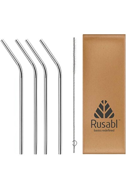Generic Reusable Stainless Steel Drinking Straws (Straight & Bent) with Brush — 4‑Piece Paper Pack (Rusa