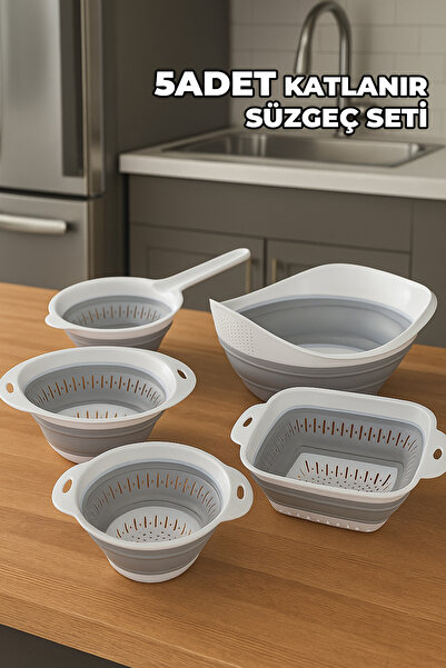 Destpak 5-Piece Accordion Strainer Set - Brass, Oval, Round, Handle, Square Strainer - Collapsible Strainer Set