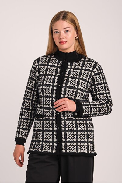 Uludağ Triko Women's Black Plaid Patterned Pocketed Buttoned Knitwear Cardigan