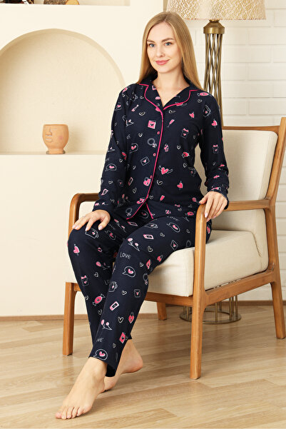 Enisena Women's Pajama Set with Peter Pan Collar - Printed and Button Closure - 100% Cotton 12353