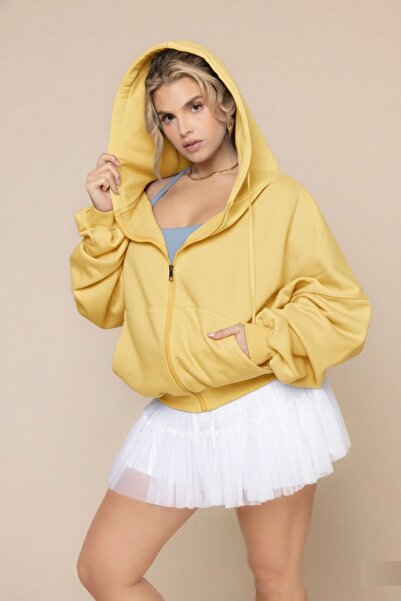 The Champ Clothing Women's Yellow Hooded Sweatshirt – Zippered 3 Thread Ş Fleece-Lined O Oversized Sport Style