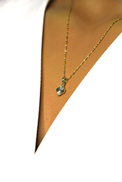 N GOLD Yonca Motifli Zarif Aynalı İnce Zincir Altın Kolye