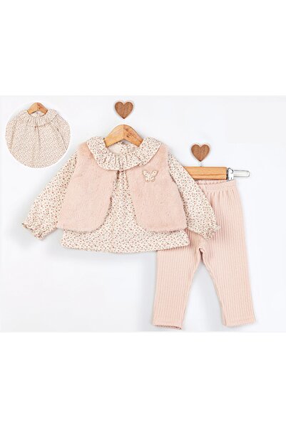 Baby Rose Baby Girl 3-Piece Plush Vest Set Sets Floral Blouse Corded Fabric Pants Set