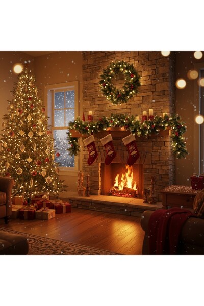 CED AUTO TRADE Ghirlanda de brad artificial – verde, cu efect de zapada, cu conuri si bobite rosii – 200 cm –