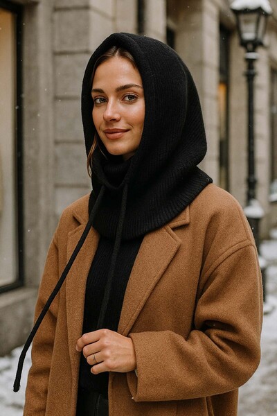 REMSA Women's Knitwear Balaklava Beanie Hat Rkşbyn-05 Black