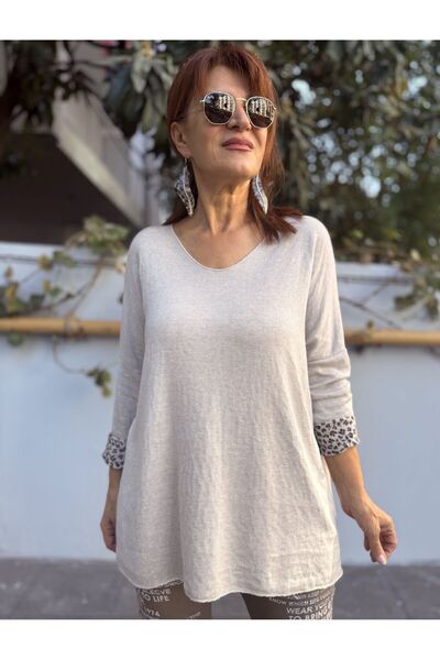 DenizEge Italian Knitwear V-Neck Inside Leopard Pattern Stone Color