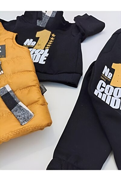 Hippıl Baby Men's Vest Set 3-Piece Set - Cotton Lined Vest, Lumberjack Detailed Fleece-Lined Sweatshirt and Sweatpants