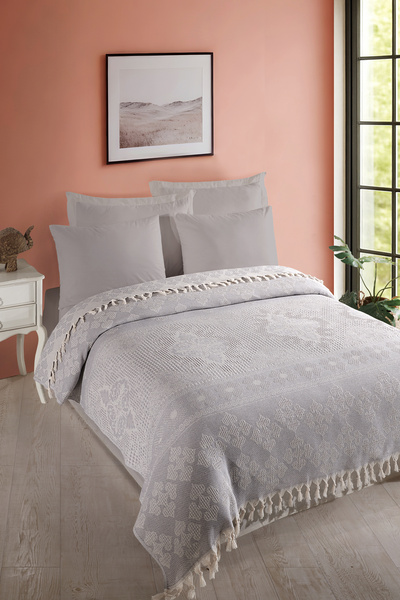 Enlora Home Çok Amaçlı Pike Seti Çift Kişilik Osmanlı A.Gri (3 Parça)