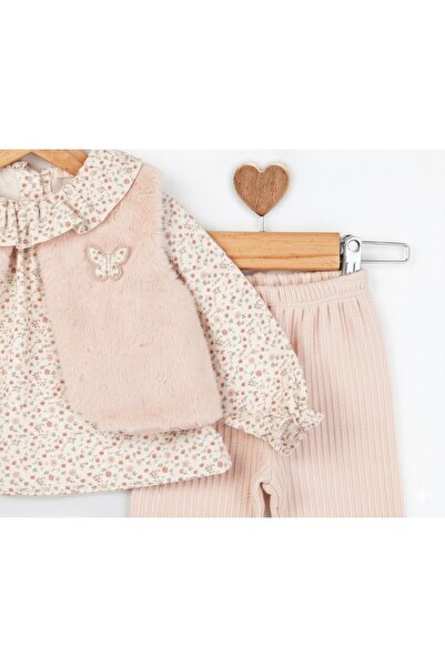 Baby Rose Baby Girl 3-Piece Plush Vest Set Sets Floral Blouse Corded Fabric Pants Set